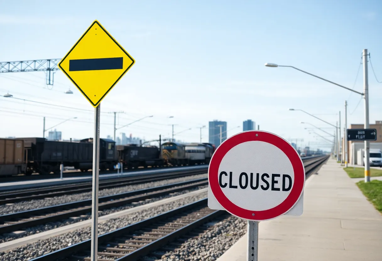 Traffic sign indicating lane closure due to railroad maintenance in Bristol.