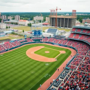 Aerial view of the Bristol State Liners baseball field during a lively game.
