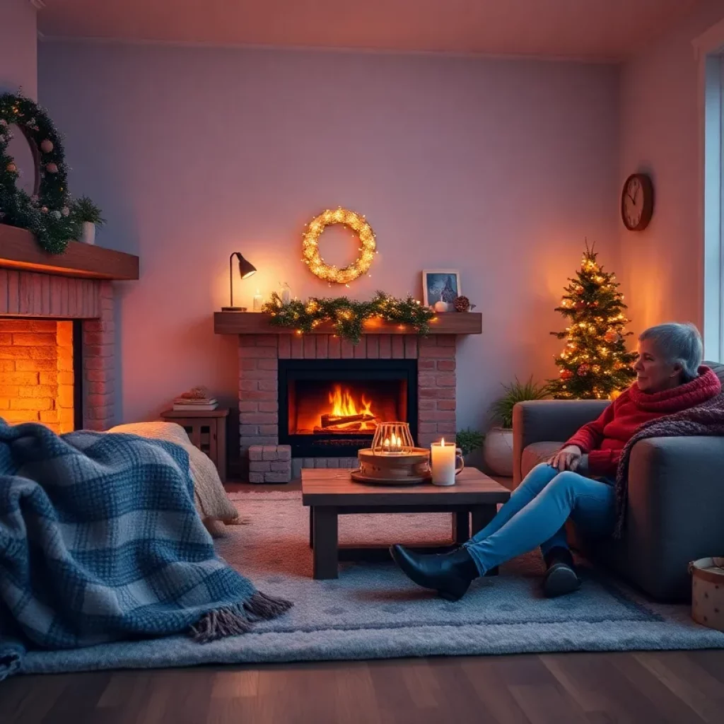 Cozy living room with blankets and fireplace during winter power outage