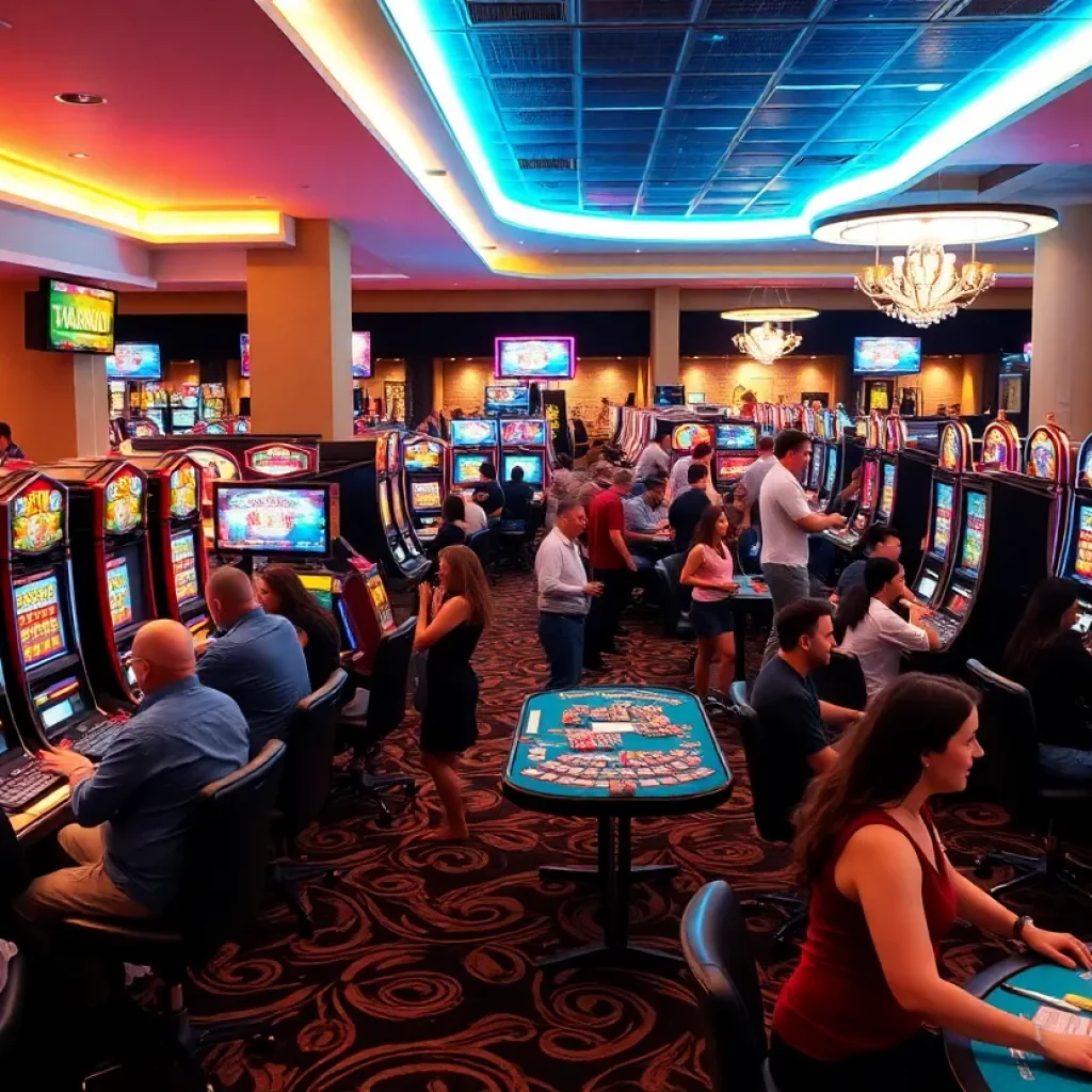 Inside view of Hard Rock Casino Bristol with players at slot machines and table games