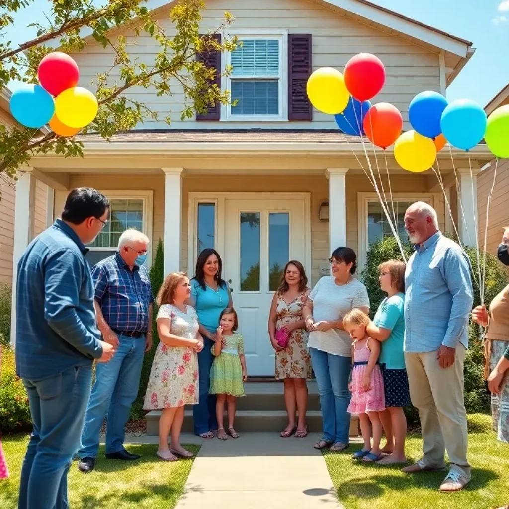 Community members celebrating a Home Dedication Ceremony in front of a new house.