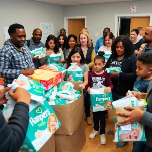 Community members donating diapers and wipes for local families in need at the Kingsport Diaper Donation Drive.