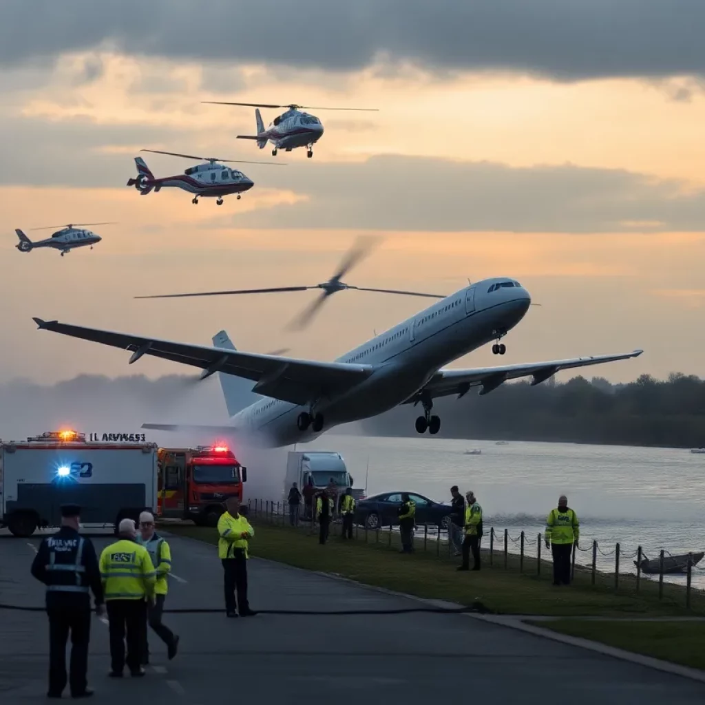 Emergency response teams at the Potomac River after a midair collision