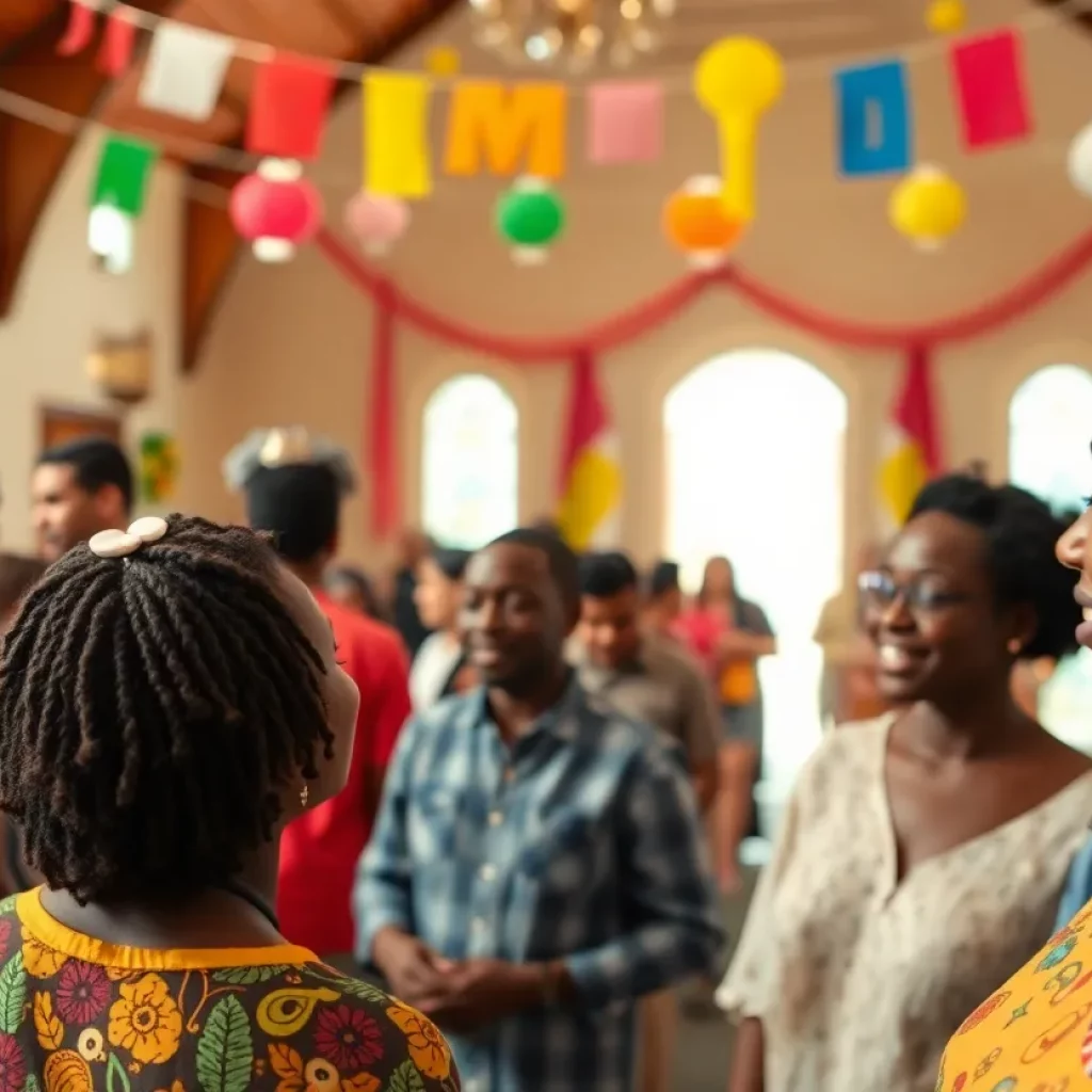 People gathering at a church for a Martin Luther King Jr. celebration.