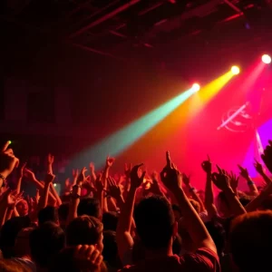 A vibrant rock concert with fans cheering and colorful stage lights during a guitar performance.