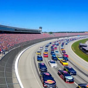 Bristol Motor Speedway buzzing with race fans and cars during a NASCAR event.