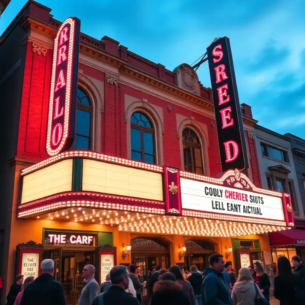 Exterior view of the Cameo Theater in Bristol with a marquee and cheering crowd.