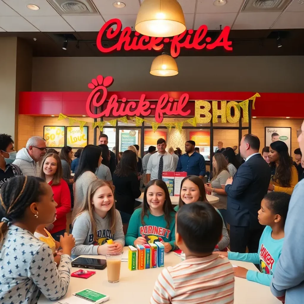 Community members celebrating at Chick-fil-A for Bristol Schools funding