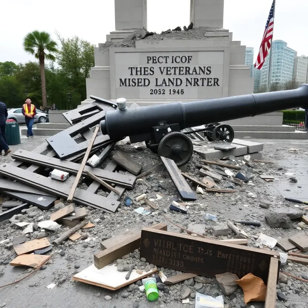 Debris around the damaged veterans monument in Elizabethton, Tennessee