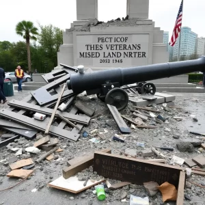 Debris around the damaged veterans monument in Elizabethton, Tennessee