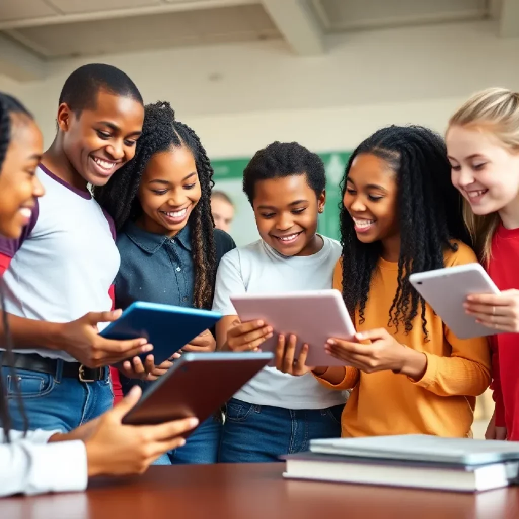 Diverse students engaged in digital learning activities