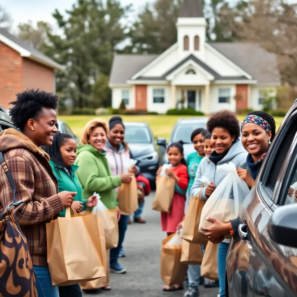 Families receiving food bags at First Baptist Church drive-through event