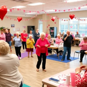 Seniors participating in crafts and yoga at the Elizabethton Senior Center during Valentine's Week.