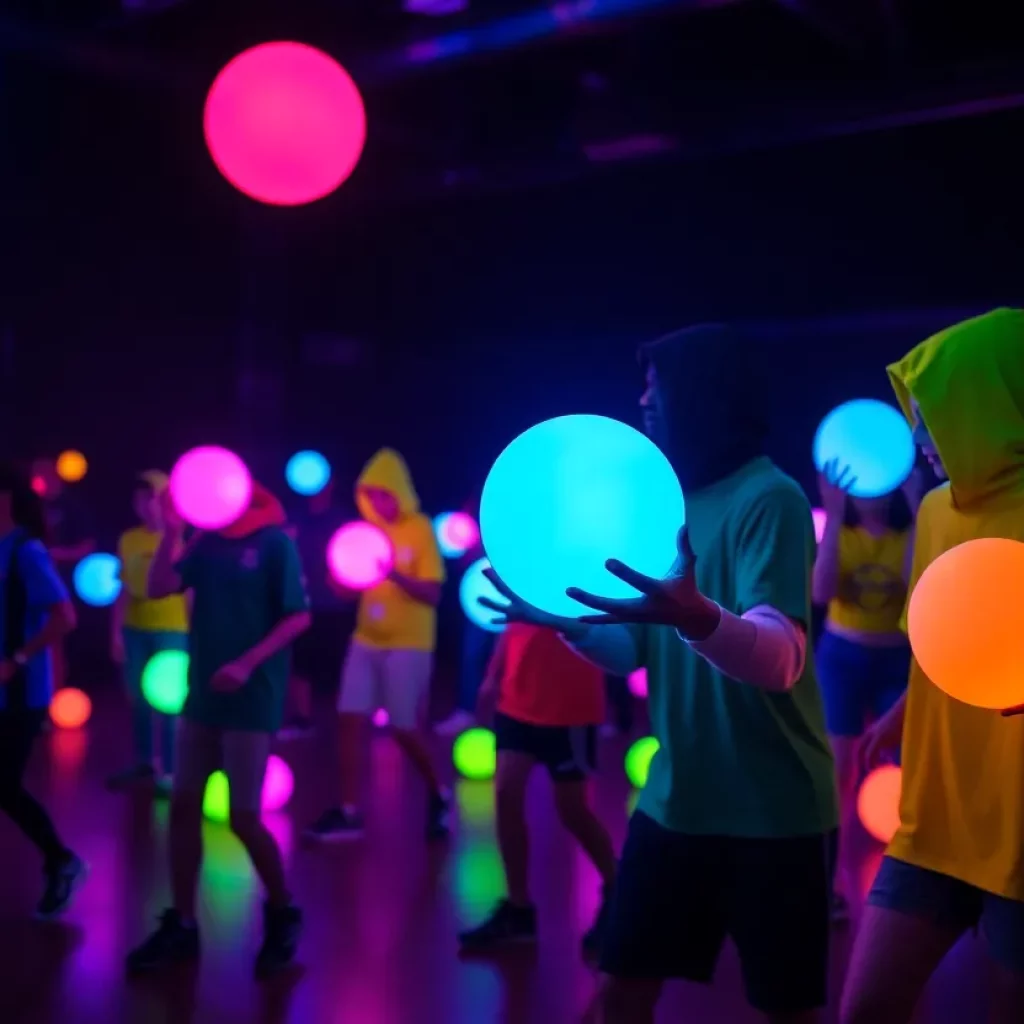 Participants playing dodgeball in glowing outfits under black lights
