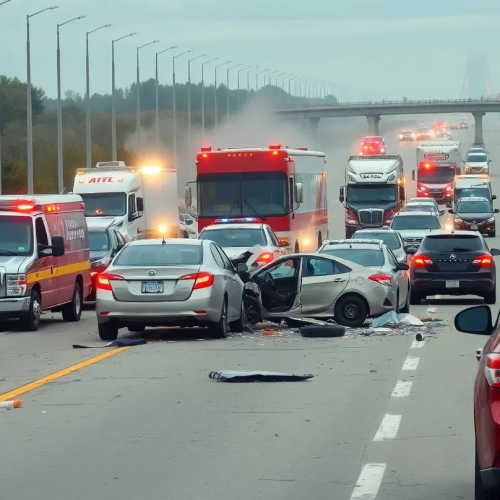 Emergency vehicles respond to a multi-vehicle crash on Interstate 81