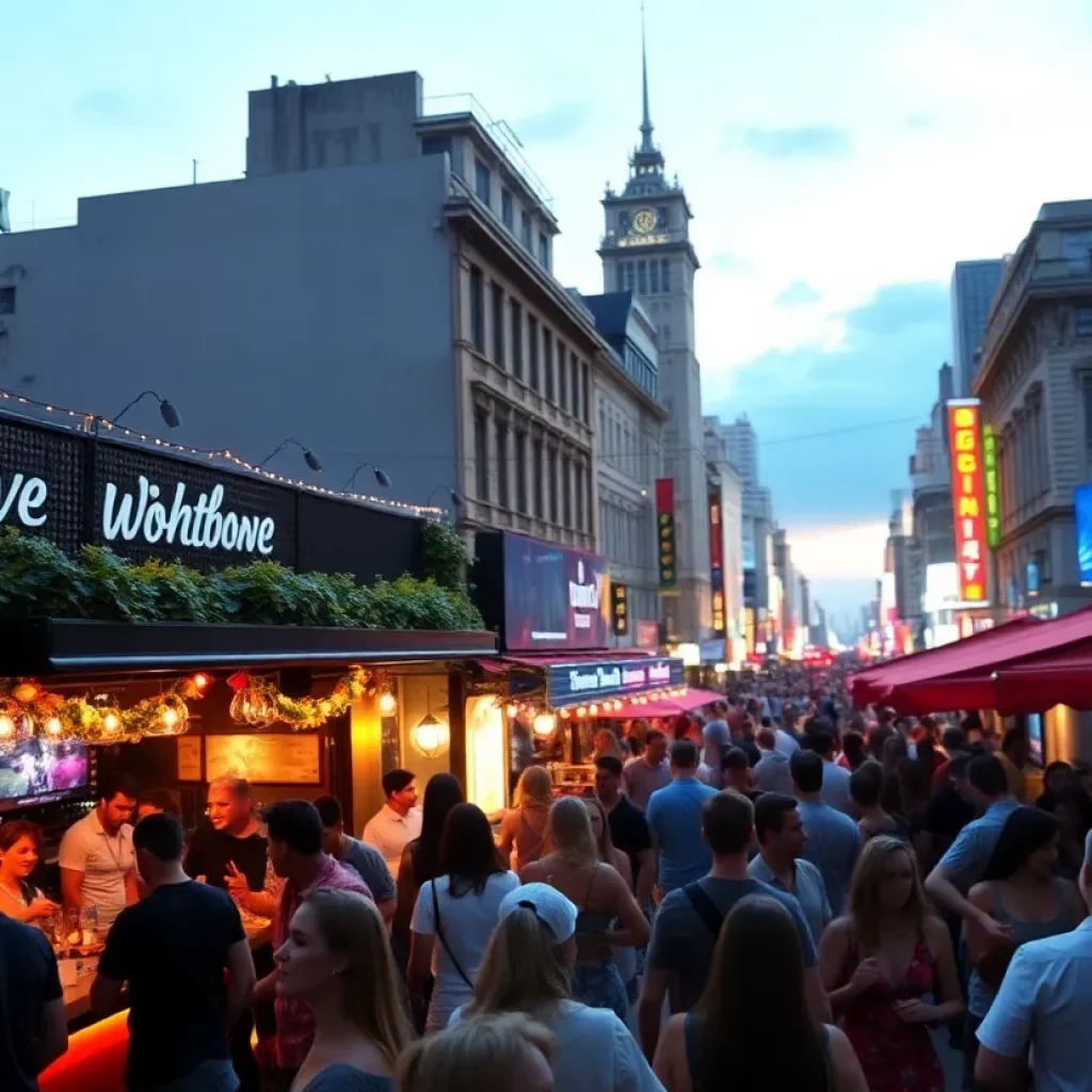 A bustling Johnson City nightlife scene with people at bars and restaurants.