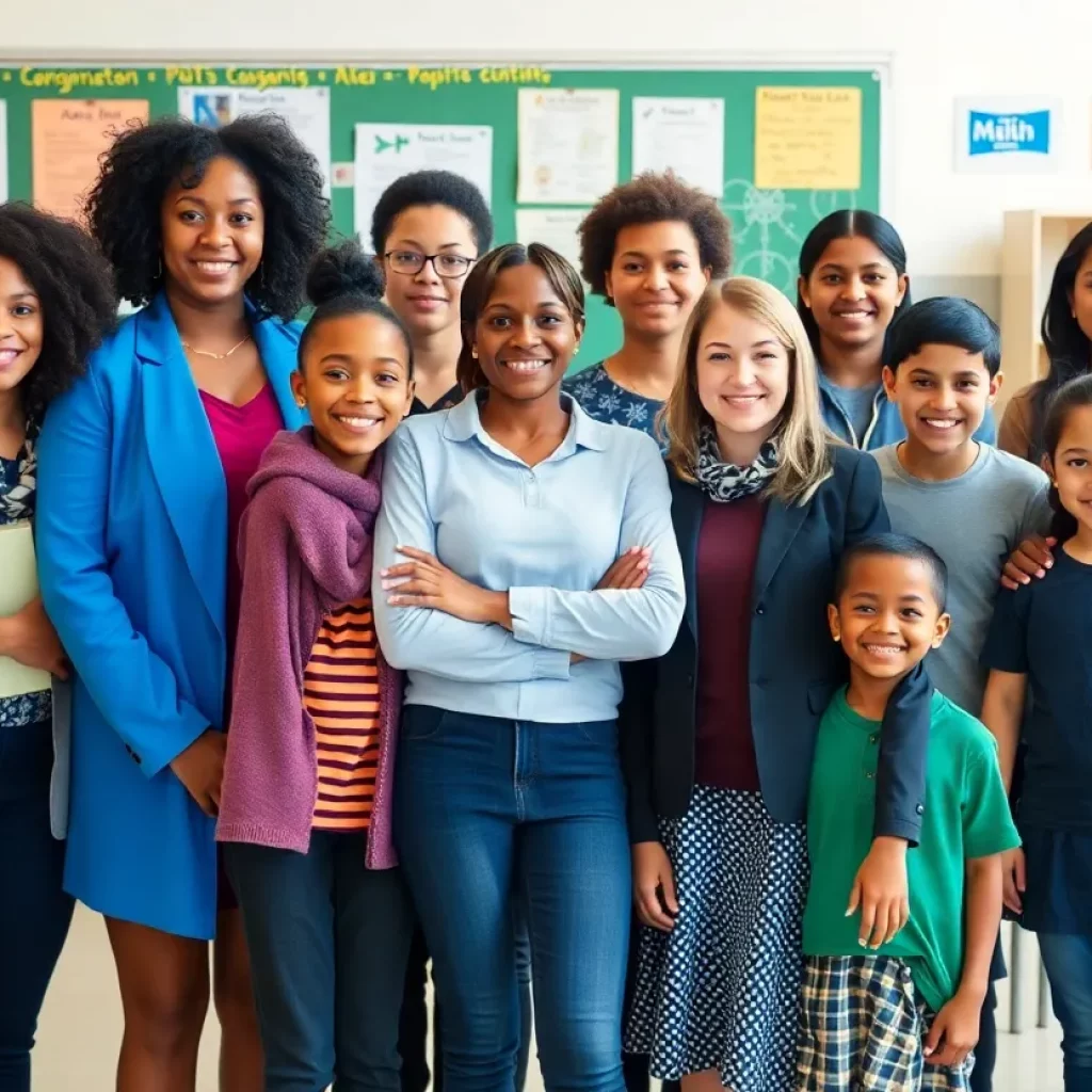 Diverse group of educators and students in a school