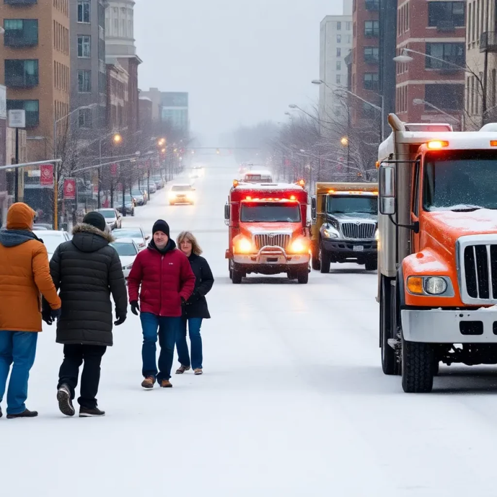 Snow-covered streets in Johnson City with community members engaging in support activities.
