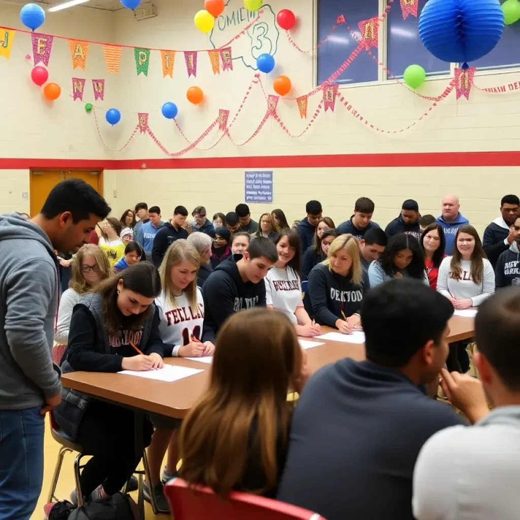 Students celebrating National Signing Day at school