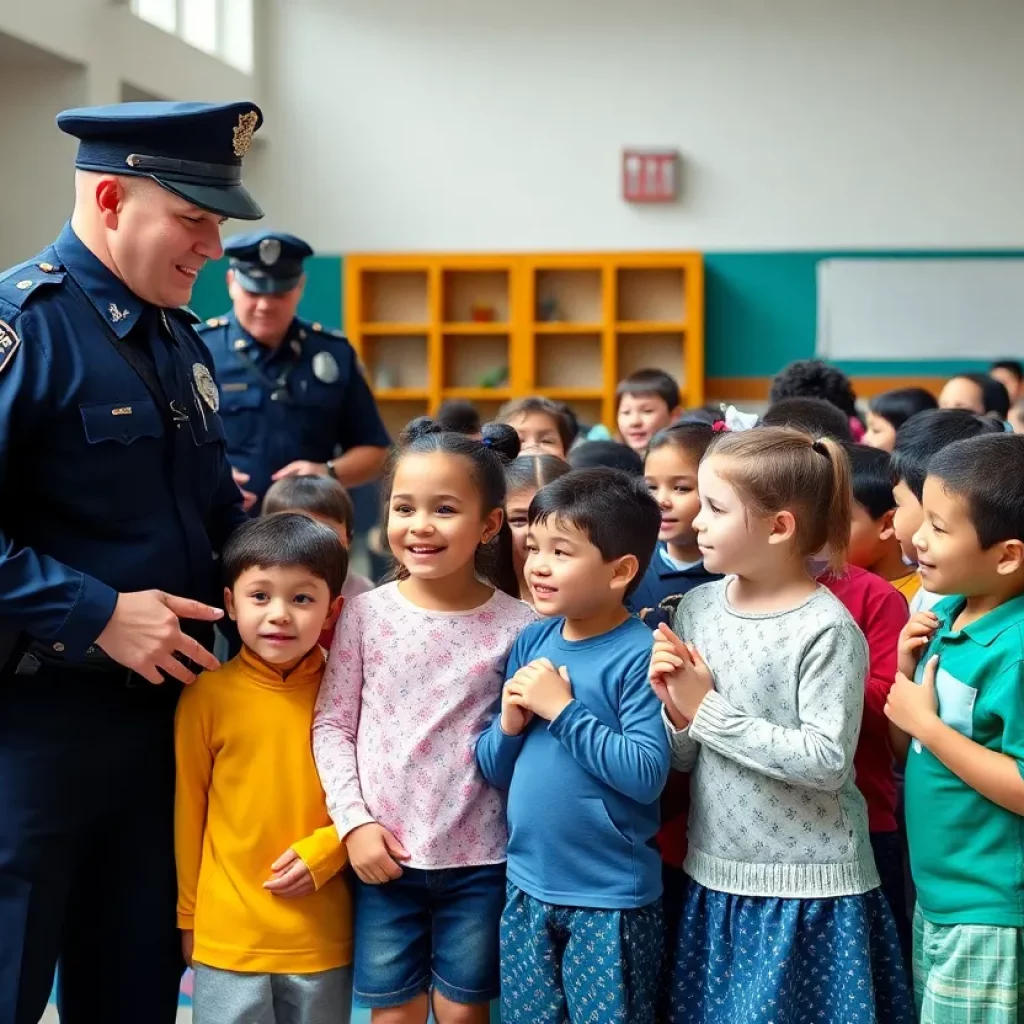 Children interacting with police officers in a school setting.