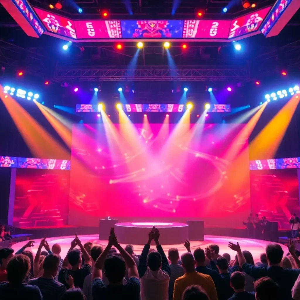 A vibrant game show stage with lights and audience