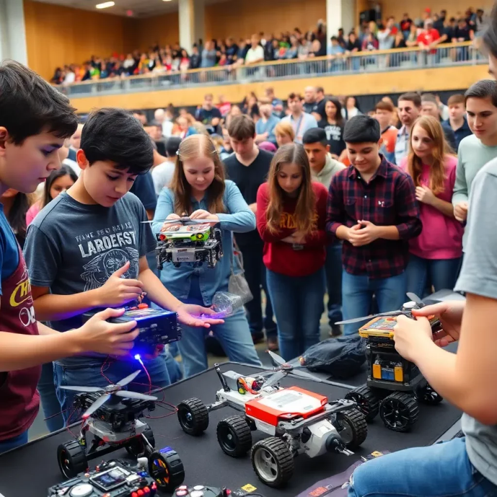 Students competing in the Robot Drone League with drones and robots.