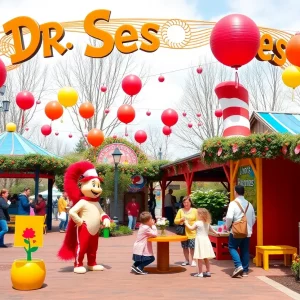 Families enjoying the Seuss on the Loose celebration with colorful decorations and activities.