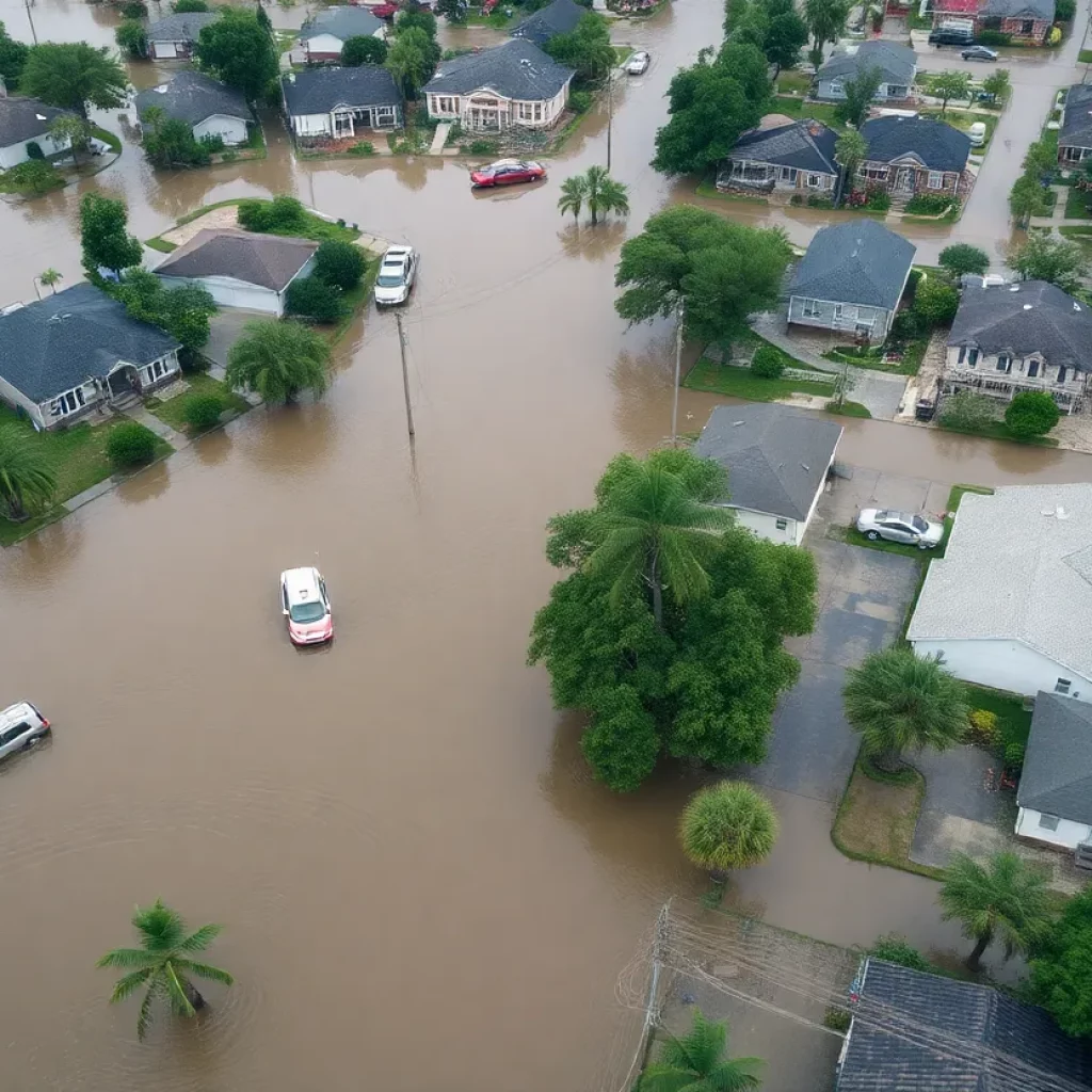 Aerial view of severe flooding in a neighborhood in the Southeast U.S.