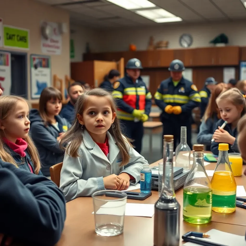 Students in a biology lab with emergency responders in the background