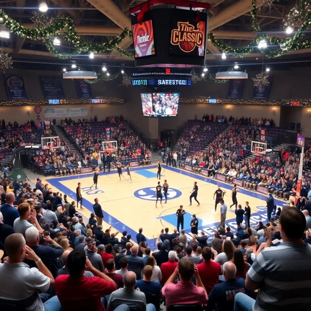 A vibrant scene of the basketball tournament featuring enthusiastic fans and players