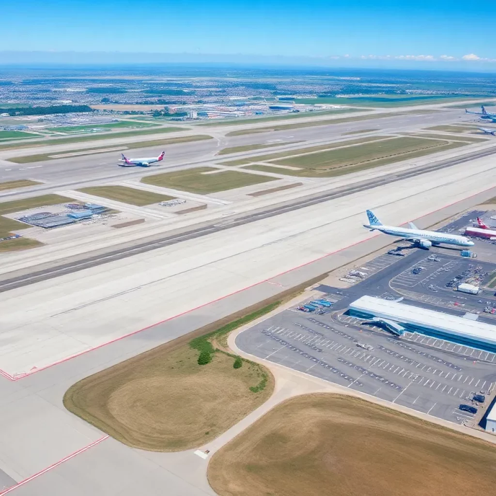 Aerial view of Tri-Cities Airport showing runways and terminals