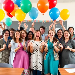 Teachers celebrating bonuses in a school environment