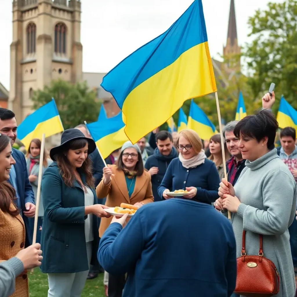 Community gathering with Ukrainian flags in Bristol