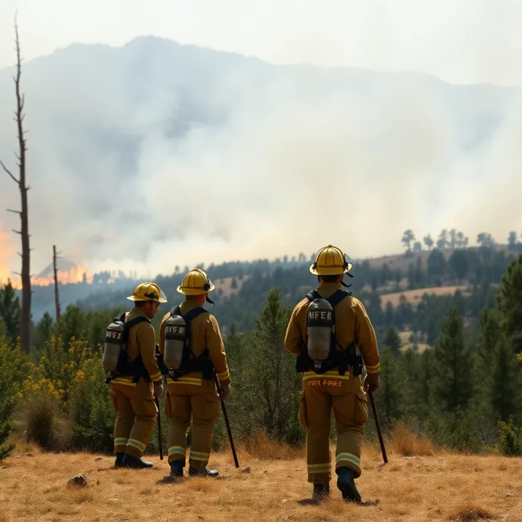 Firefighters working to control the Buffalo Mountain wildfire in Johnson City.