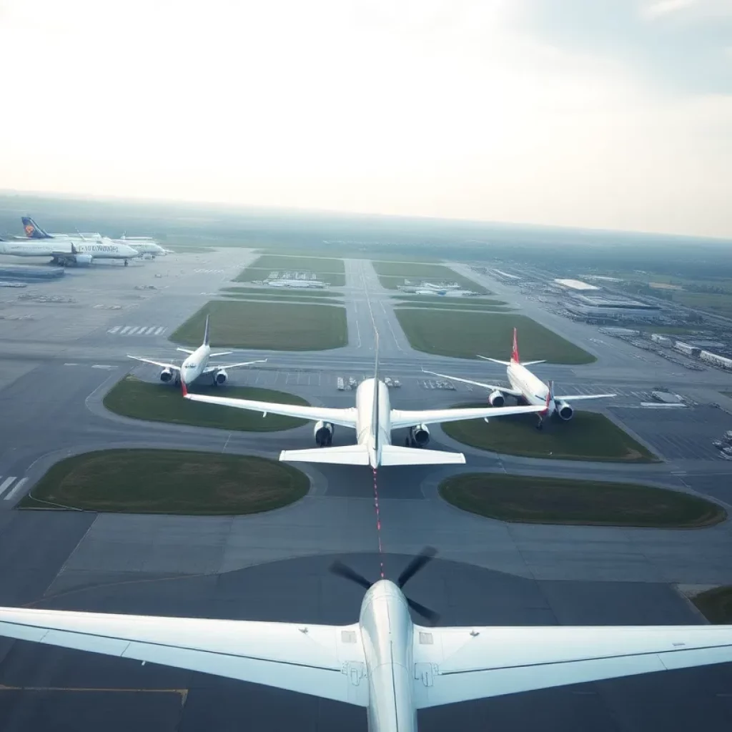 Aerial view illustrating a near miss between a commercial flight and a military jet.