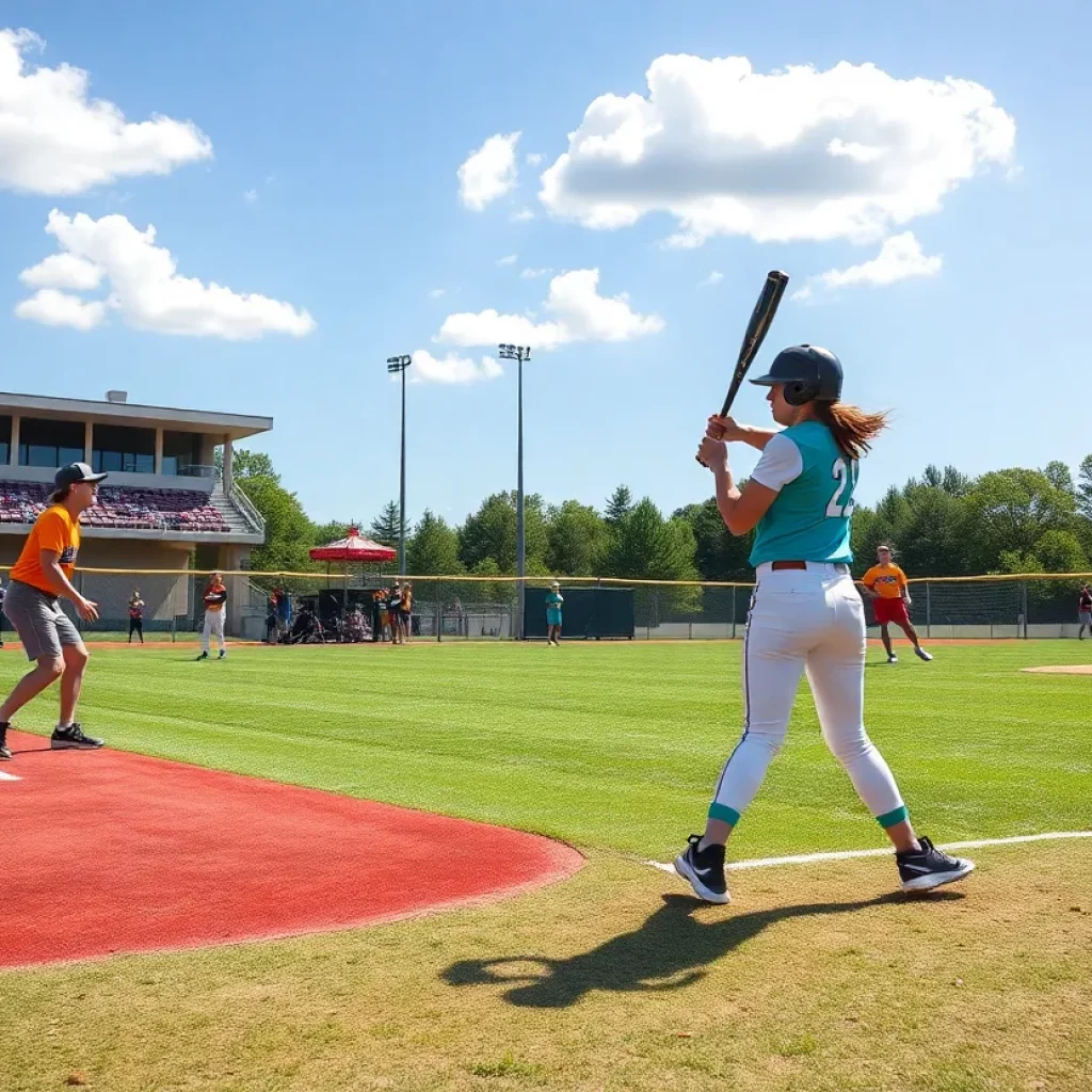 Action shot of college baseball and softball players during a game