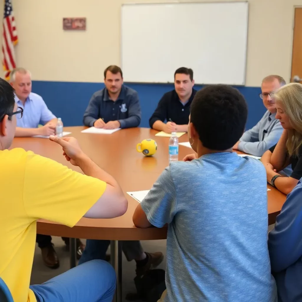 Community members discussing youth sports funding.
