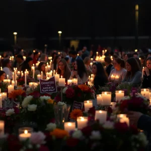Community gathers in memory of Logan Pinette with candles and flowers.