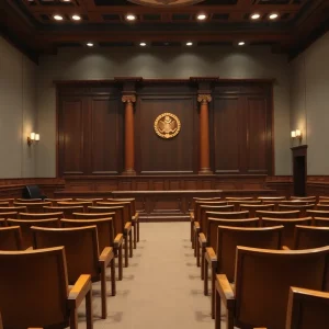 A symbolic courtroom scene with empty chairs representing the complexities of justice.