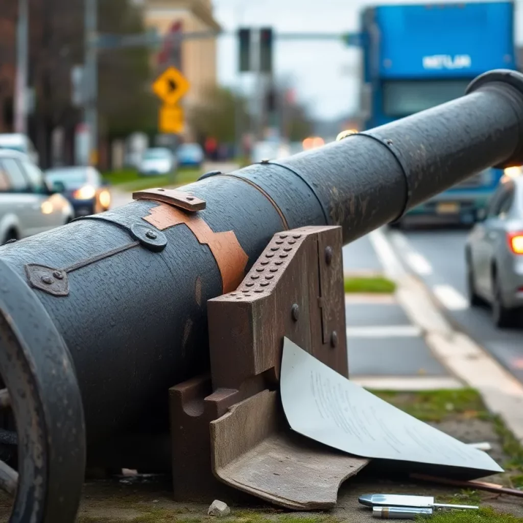 Cannon at Veterans Monument in Elizabethton showing damage after tractor-trailer accident