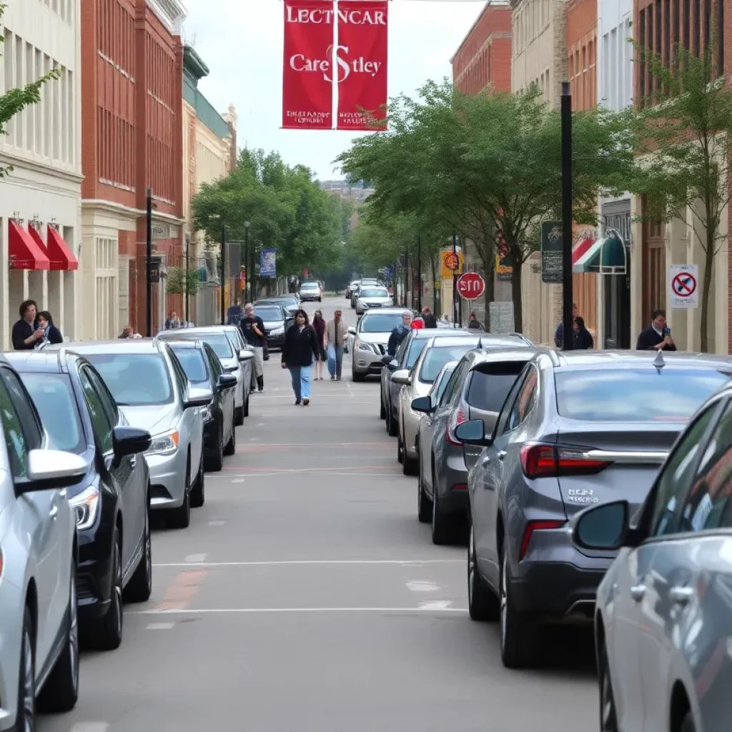 Crowded downtown street in Johnson City with parked cars