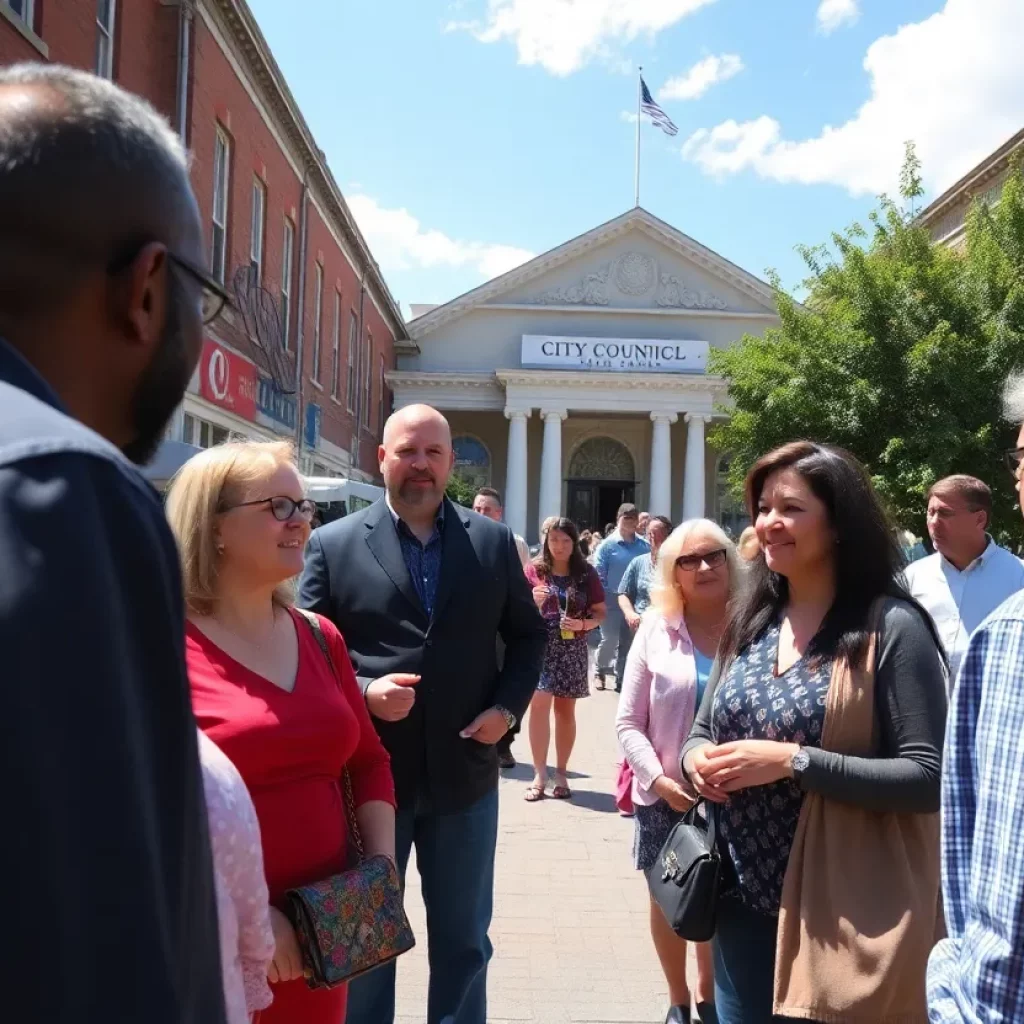 Elizabethton city hall with people discussing.