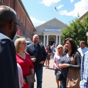 Elizabethton city hall with people discussing.