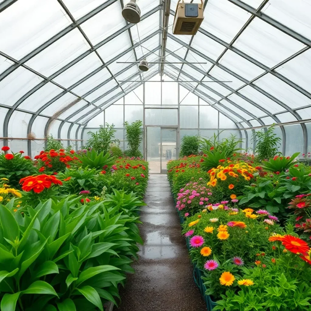 A lush greenhouse filled with various plants and flowers in Johnson City