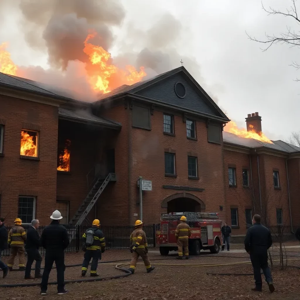Firefighters combating fire at a historic college building