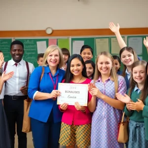 Teachers celebrating the announcement of a bonus in a school setting