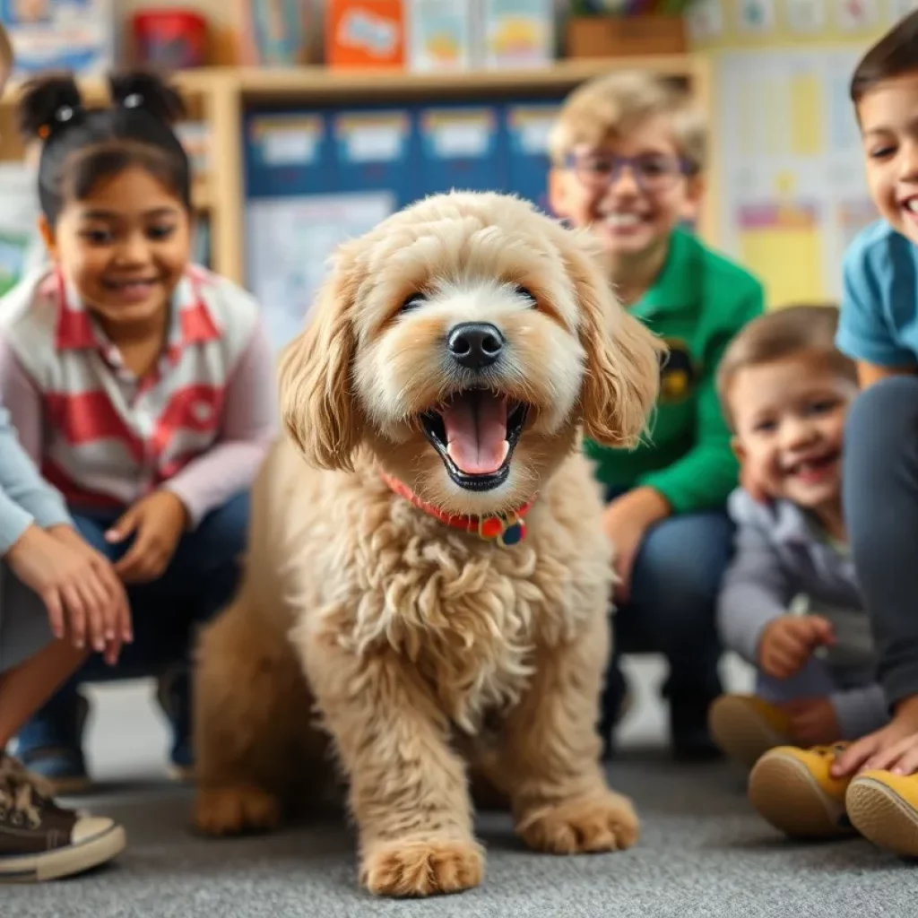 Golden doodle therapy dog Jingle interacting with students at school