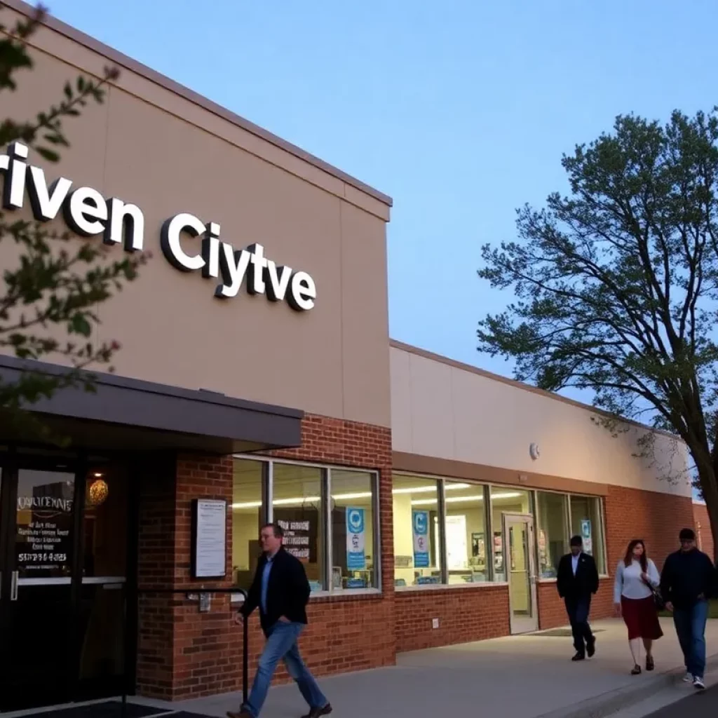 Exterior view of the Johnson City Driver Services Center with people entering.