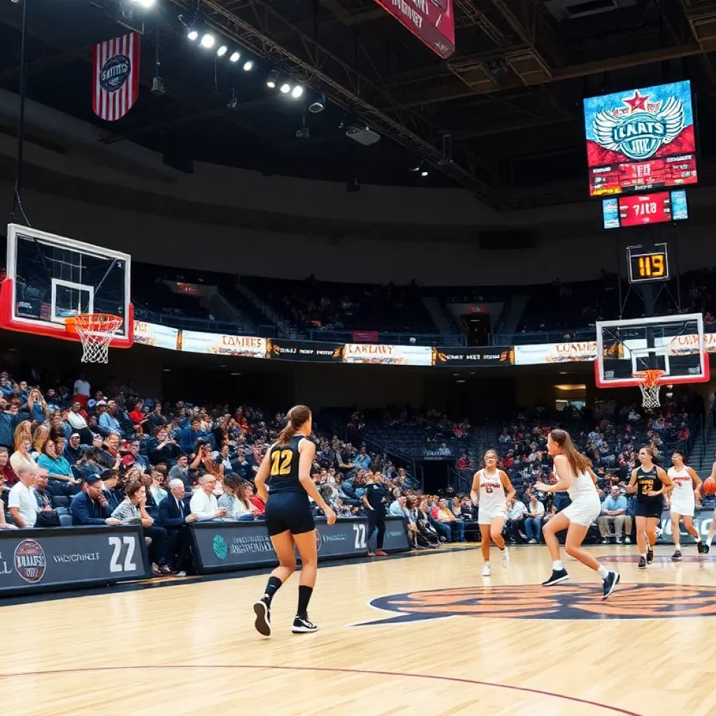 Women playing basketball at King University during a game.