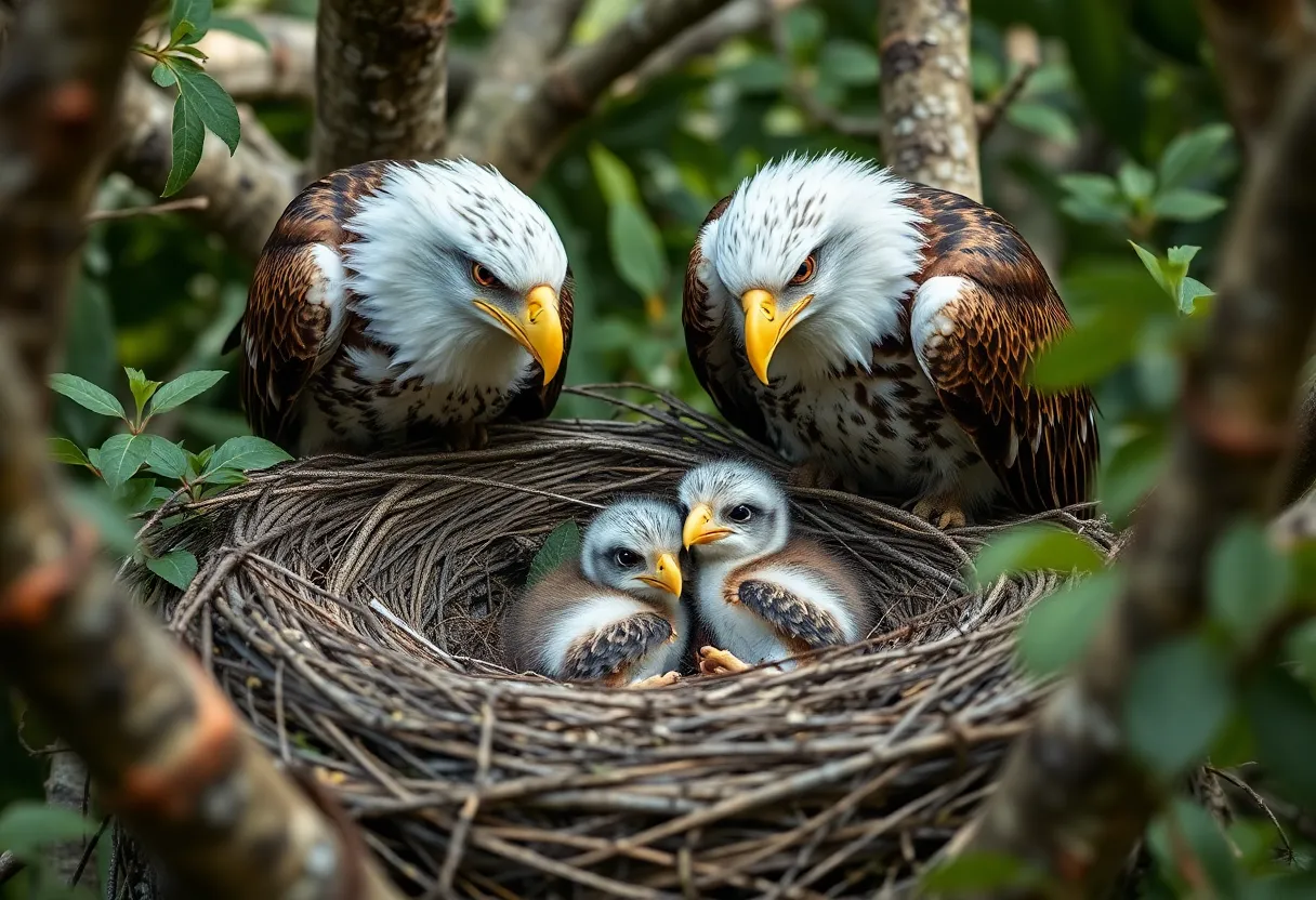 Two newly hatched eaglets in a nest with their parents